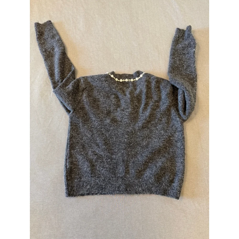 Maeve by Anthropologie embellished crew-neck cardigan sweater gray XS